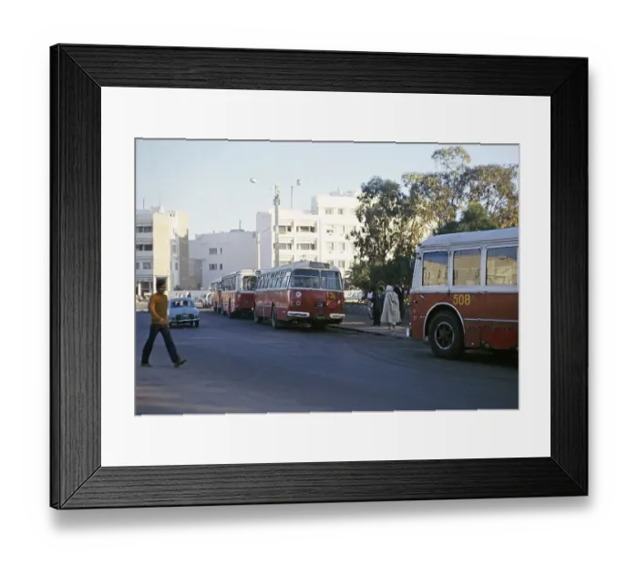 Framed Print : Local public transport buses in a city street, probably in Sousse, Tunisia, North Africa 1973, Africa Framed Print : Local public transport buses in a city street, probably in Sousse, Tunisia, North Africa 1973, Africa