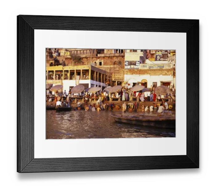 Framed Print : Hindus bathing in the holy river Ganges in Varanasi, India, 1974, Asia