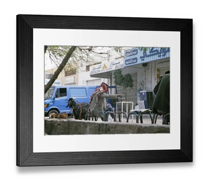 Framed Print : Man with goat drinking tea in a street cafe, Aqaba, Jordan, 1998, Asia