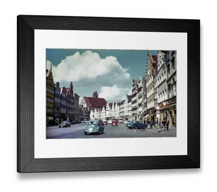 Framed Print : Historic buildings in the city of Landshut, Bavaria, Germany in 1970
