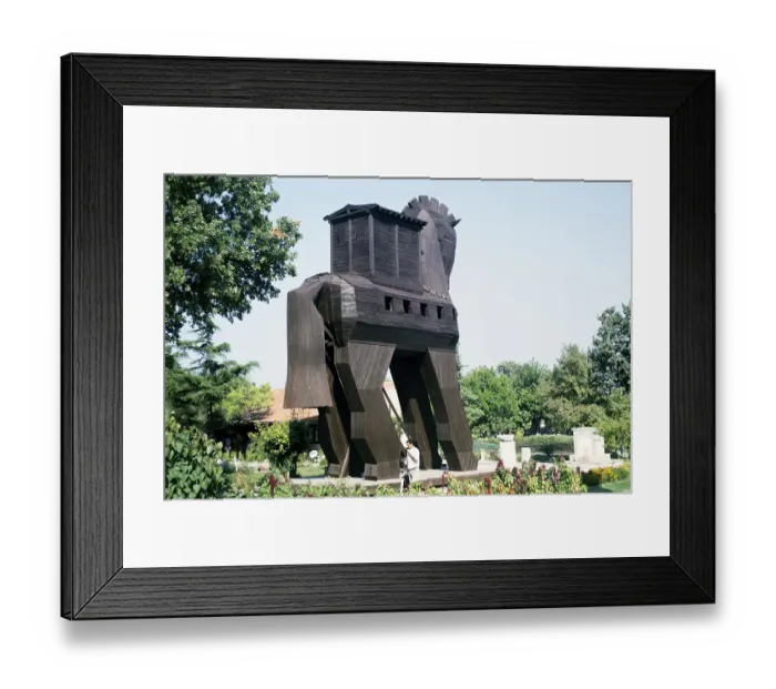 Framed Print : Wooden replica of the Trojan Horse at the archaeological site of the ancient city of Troy, Turkey 1997