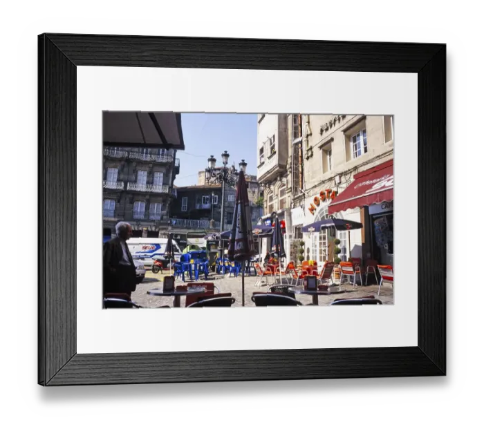 Framed Print : Historic buildings and cafes in the old part of the city centre, Vigo, Spain, Europe