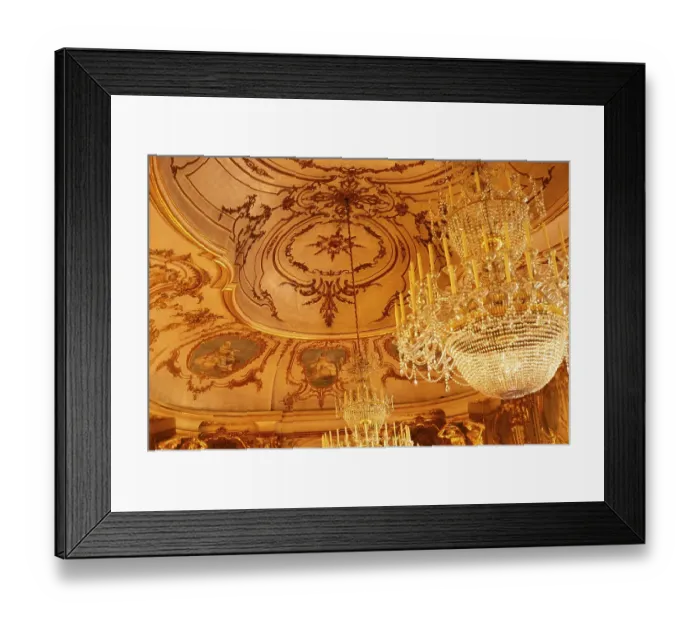 Framed Print : Interior of the National Palace of Queluz, Sintra, near Lisbon, Portugal decorated ceiling and chandelier