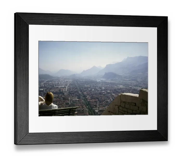 Framed Print : Oblique aerial view of the city centre from Bastille Castle, Grenoble, France 1974