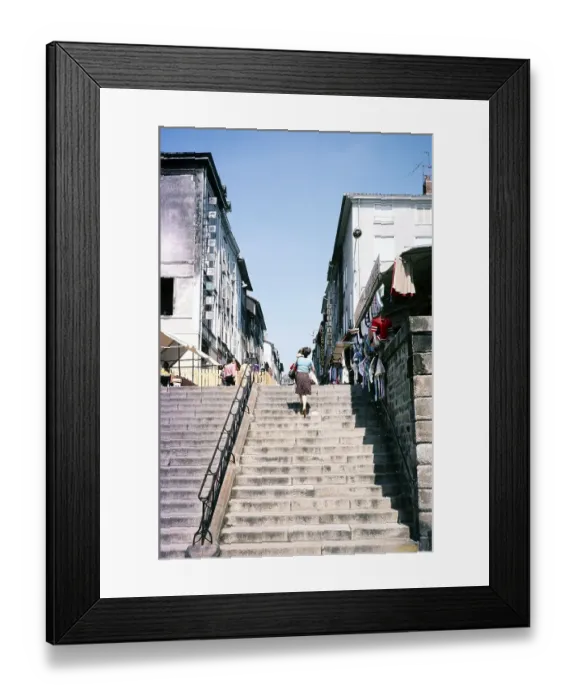 Framed Print : Stone staircase to the shops in Limoges, Haute Vienne department, south-west France 1976