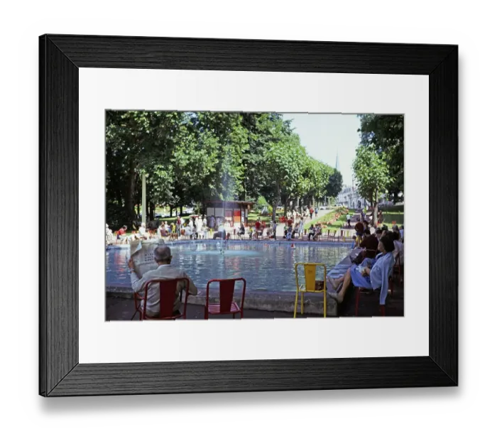 Framed Print : People sitting around a fountain and a boat pond, Aix les Bains, Savoie, France, 1974, Europe Framed Print : People sitting around a fountain and a boat pond, Aix les Bains, Savoie, France, 1974, Europe