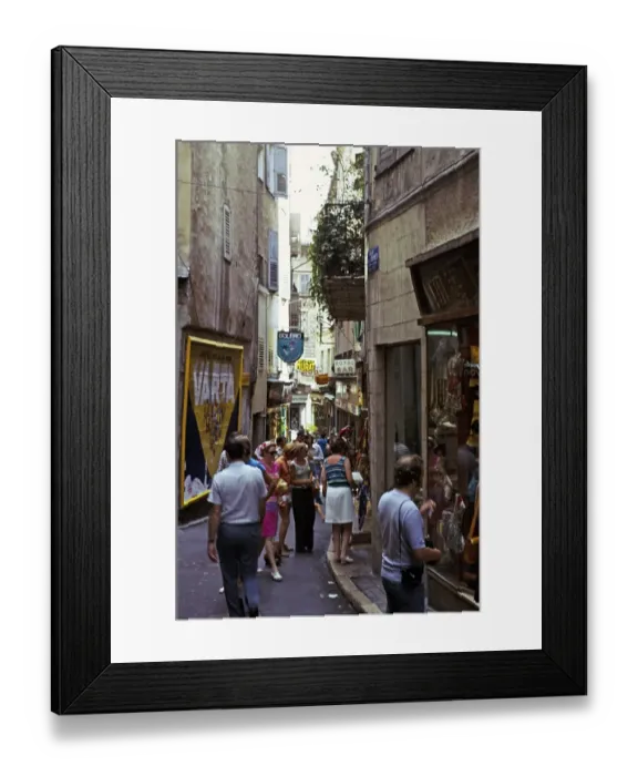 Framed Print : People shopping in a busy alley in Grasse, Cote d'Azur, France 1974