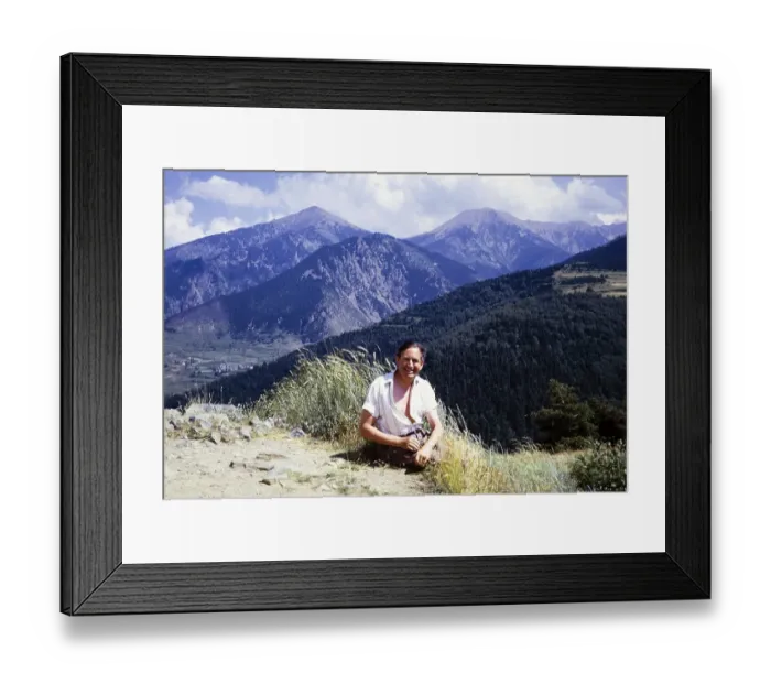 Framed Print : Man in his prime, sitting for a photo in the mountains near Mont Louis, Occitania, France, 1973, Europe