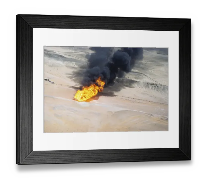 Framed Print : Oil industry in Ras Tanura area, Saudi Arabia, flare fire smoke in desert 1979, Asia