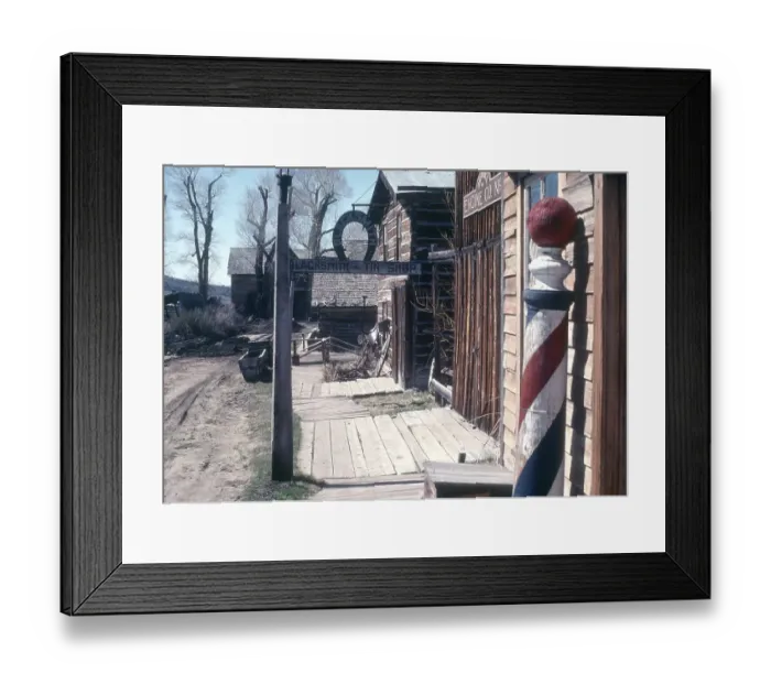 Framed Print : Nevada City historic ghost town, Montana, USA barber pole striped sign 1976 Framed Print : Nevada City historic ghost town, Montana, USA barber pole striped sign 1976
