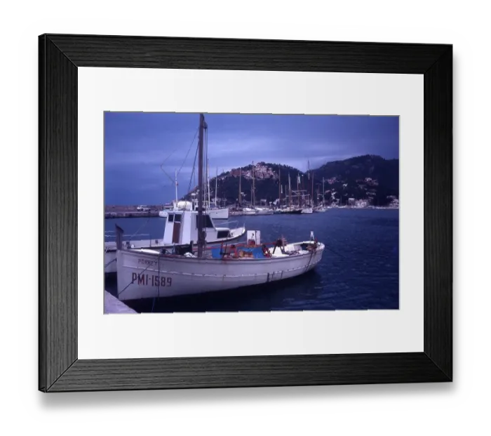 Framed Print : Small fishing boat with Portimao registration at moorings in harbour c 1960s, Portugal, Europe