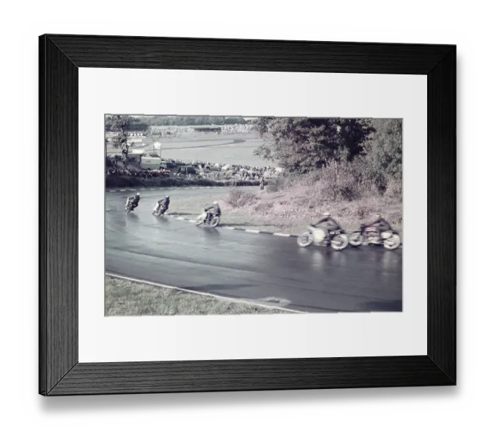 Framed Print : Motorbike racing on tarmac track possibly Goodwood, England c 1960 Framed Print : Motorbike racing on tarmac track possibly Goodwood, England c 1960