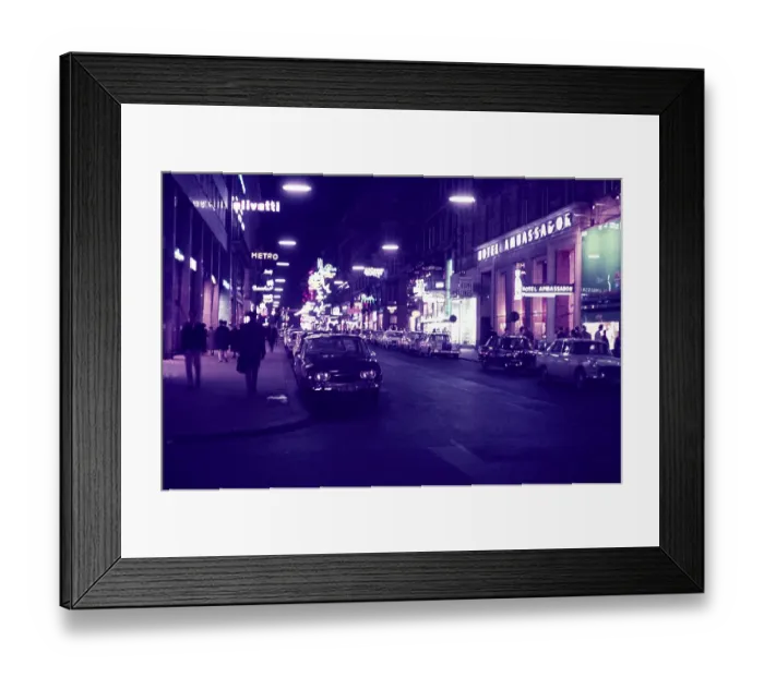 Framed Print : Hotel Ambassador and shops on Kartnerstrasse, Vienna, Austria at night early 1960s