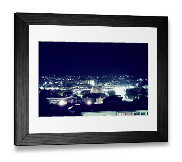 Framed Print : Night view of city centre of Stuttgart, Germany, early 1960s illuminated by electric neon lights, Europe Framed Print : Night view of city centre of Stuttgart, Germany, early 1960s illuminated by electric neon lights, Europe