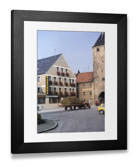 Framed Print : Farm wagon with straw Pietch Inn and medieval town tower, Freystadt, Bavaria, Germany, 1979, Europe