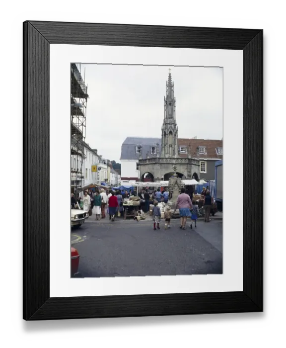 Framed Print : People shopping at the street market, Market Place, Shepton Mallet, Somerset, England, UK 1970s