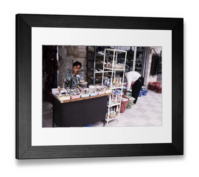 Framed Print : Tourist souvenir shop on the street of Aqaba, Jordan 1998