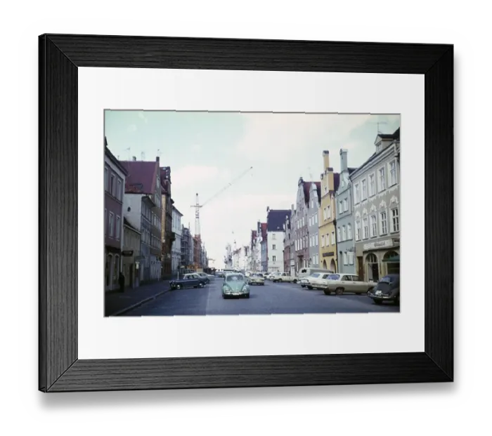 Framed Print : Historic buildings in the city of Landshut, Bavaria, Germany in 1970