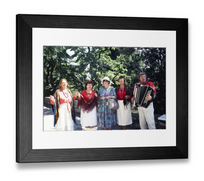 Framed Print : Accordion folk music group in front of Yalta, Crimea, Russia, 1997 Woman posing with the musicians, Europe Framed Print : Accordion folk music group in front of Yalta, Crimea, Russia, 1997 Woman posing with the musicians, Europe