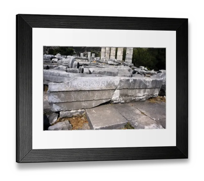 Framed Print : Archaeological excavation site Ruins of the ancient Greek city of Priene, Turkey, 1997 Inscription by the people for Athena, Asia