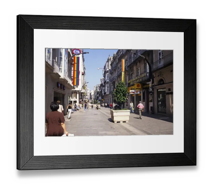 Framed Print : Historic buildings and shops in the pedestrian zone of the city centre, Vigo, Spain, 1999, Europe