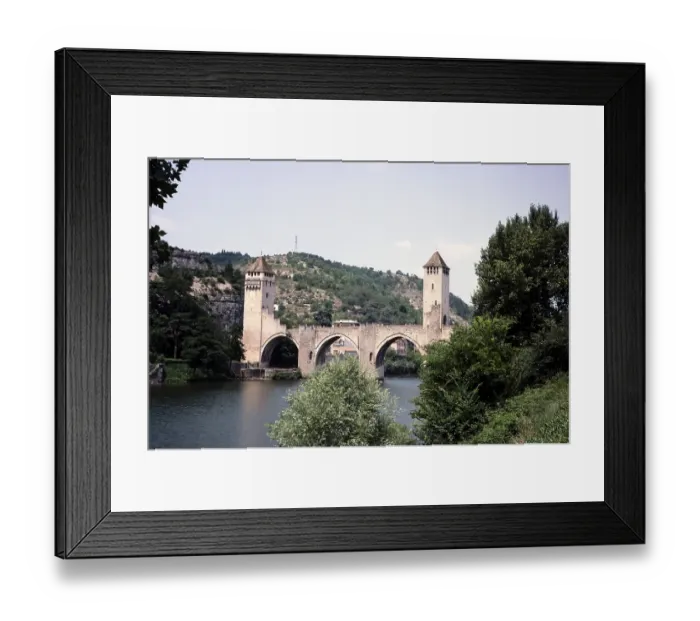 Framed Print : Gothic structure of the Pont Valentre bridge in Cahors on the River Lot, Lot department, south-west France 1976