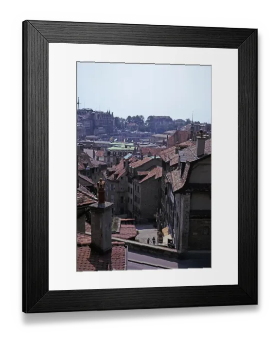 Framed Print : Historic buildings in the old town centre of Lausanne, Switzerland, 1974 covered staircase on the street, Europe Framed Print : Historic buildings in the old town centre of Lausanne, Switzerland, 1974 covered staircase on the street, Europe