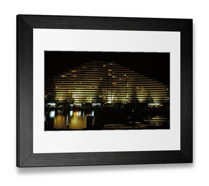 Framed Print : Modern architecture flats at night at Marina Baie des Anges, Nice, French Riviera, France 1974