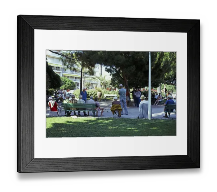 Framed Print : Men playing a game of boules in the shade of trees in a public park, Antibes, Cote d'Azur, France 1974