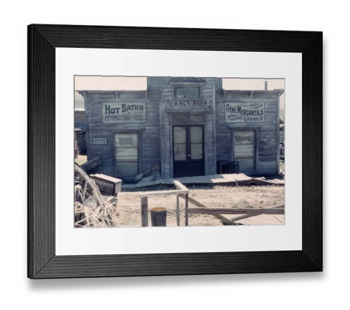 Framed Print : Nevada City historic ghost town, Montana, USA sign for Zang's beer, post office, hot baths, general mercantile shop store 1976 Framed Print : Nevada City historic ghost town, Montana, USA sign for Zang's beer, post office, hot baths, general mercantile shop store 1976
