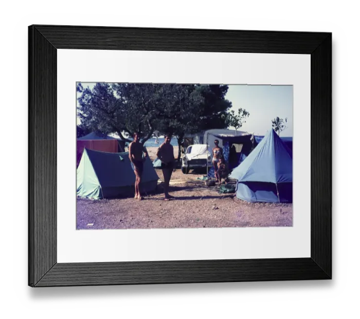 Framed Print : British tourists campsite on the coast with tents camping holiday in Spain, 1966 Framed Print : British tourists campsite on the coast with tents camping holiday in Spain, 1966