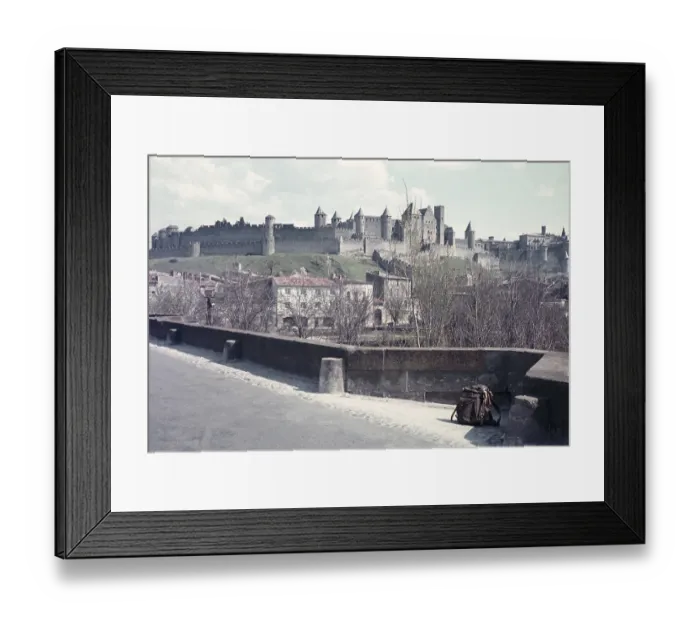 Framed Print : View of hilltop castle medieval citadel Carcassonne, France c 1960 fortified city department of Aude, region of Occitanie Framed Print : View of hilltop castle medieval citadel Carcassonne, France c 1960 fortified city department of Aude, region of Occitanie