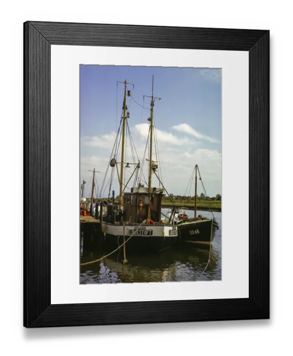Framed Print : Fishing trawler lobster from Lowestoft at moorings on River Blyth, Southwold, Suffolk, England, Uk June 1975 Framed Print : Fishing trawler lobster from Lowestoft at moorings on River Blyth, Southwold, Suffolk, England, Uk June 1975