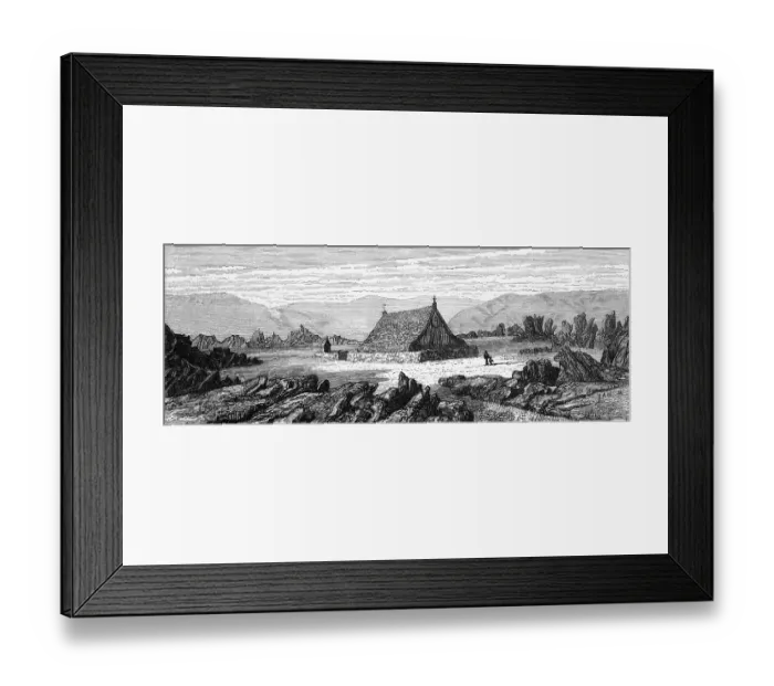Framed Print : Grass-covered wooden church in Iceland, grass sod house, rocks, volcanic rock, volcanic landscape, hikers, geology, historical illustration 1888