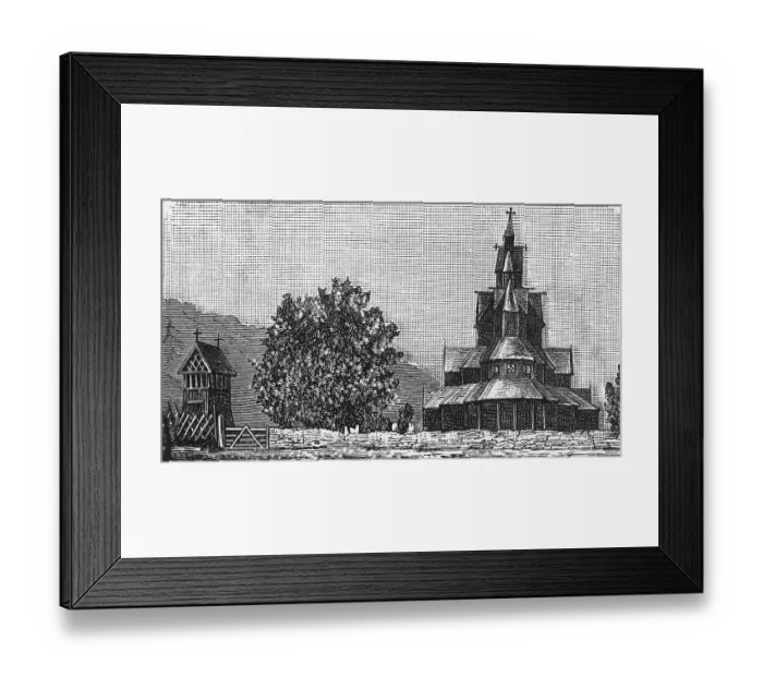 Framed Print : Wooden stave church in a valley, Norwegian architecture since the 11th century, wooden fence as enclosure, vertical construction, tree, Norway, historical illustration 1888, Europe