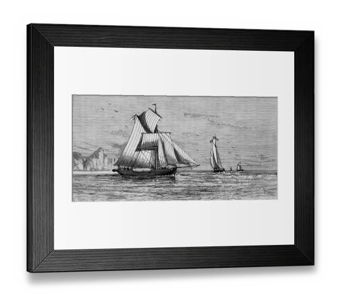 Framed Print : Norwegian fishing boats sailing from the harbour Tromso or Tromsoe to the Arctic Ocean, with sailing ships on fishing, sail set, full sail, coast, geography, Norway, historical illustration 1888, Europe