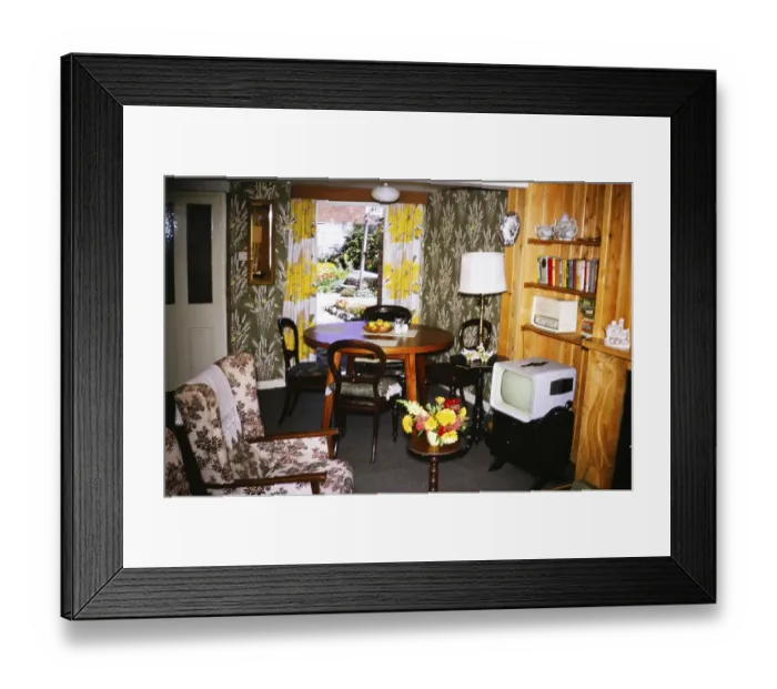 Framed Print : Interior decoration and furniture for holiday homes, including portable televisions and radios, England 1966