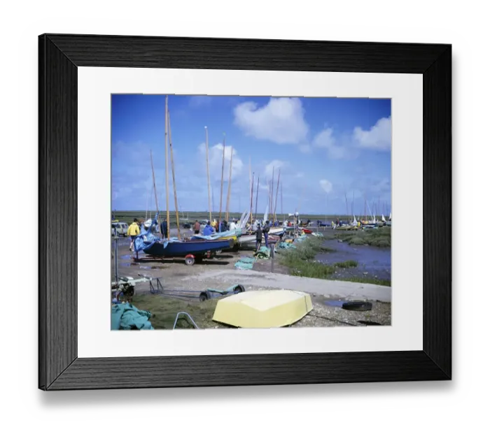 Framed Print : Boats being prepared for sailing in Brancaster Staithe, Norfolk, England, 1966