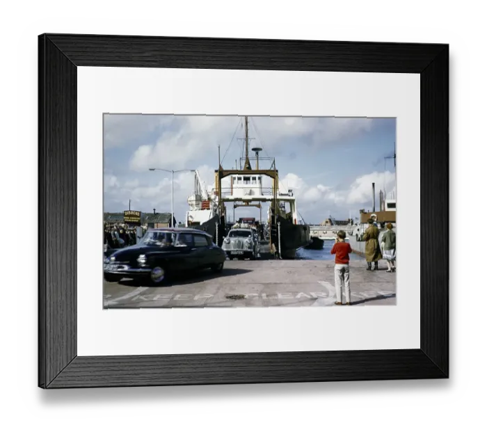 Framed Print : Cars coming off the Isle of Wight ferry, Camber Queen, Portsmouth, Hampshire, England, in 1962