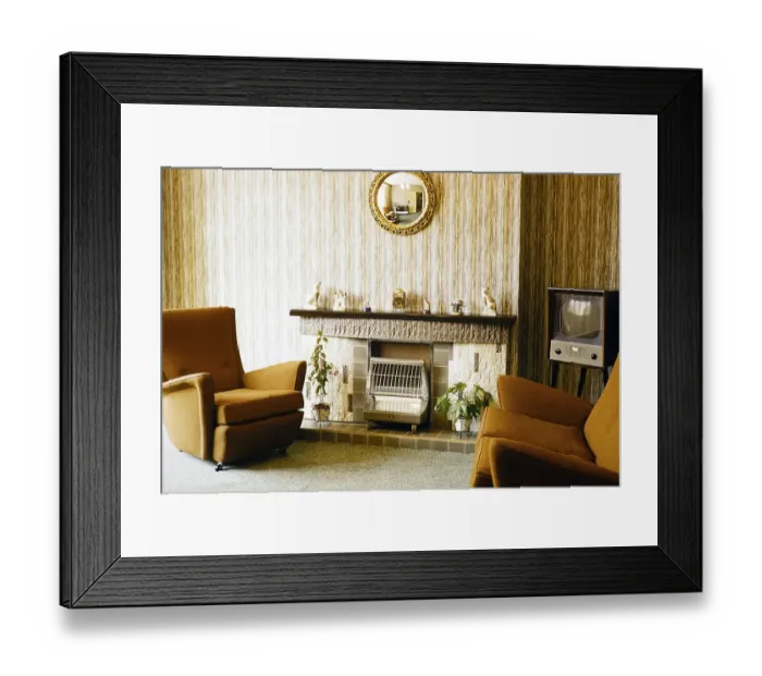 Framed Print : Living room with television, electric fireplace and armchairs, England, photographed in 1962 Framed Print : Living room with television, electric fireplace and armchairs, England, photographed in 1962