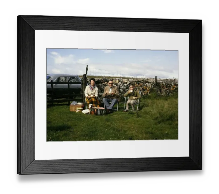 Framed Print : Family picnic in camping chairs in a field next to the car, Stumps Cross, North Yorkshire, England, 1963