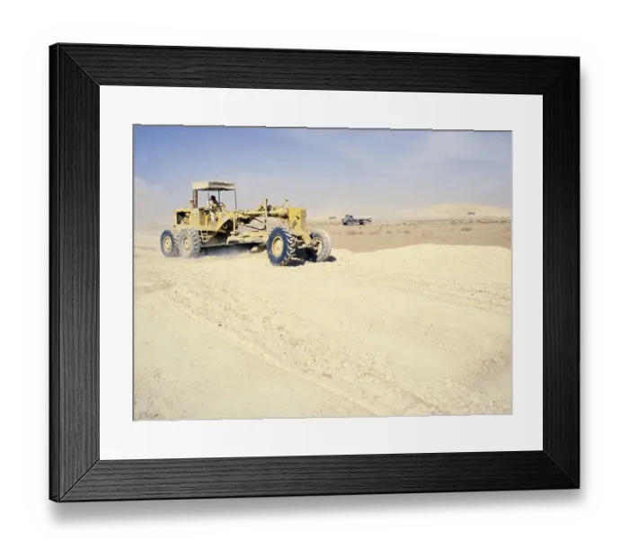 Framed Print : Oil industry in the Dhahran area, Saudi Arabia, heavy vehicles and machinery building roads in the Arabian desert, 1979, Asia