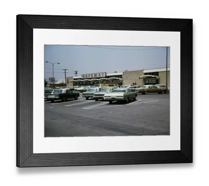 Framed Print : Historic classic cars in the car park of a Safeway supermarket in the USA in 1976