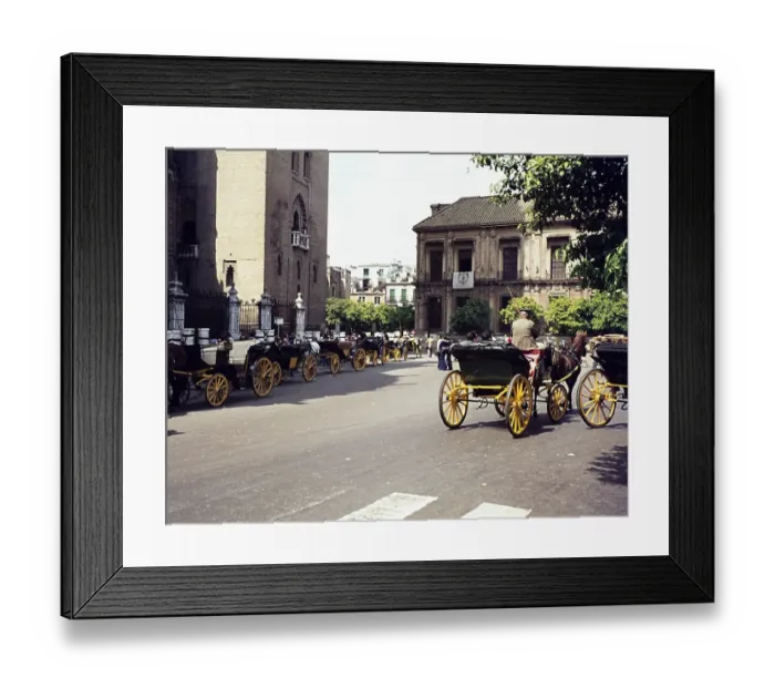 Framed Print : Horses and carriages in the square next to the cathedral, Seville, Spain 1976 Framed Print : Horses and carriages in the square next to the cathedral, Seville, Spain 1976