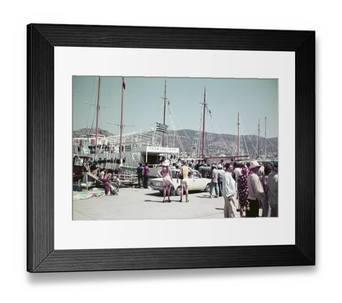 Framed Print : Harbour with people and boats, ferry on board, Kos, Greece 1970s Framed Print : Harbour with people and boats, ferry on board, Kos, Greece 1970s