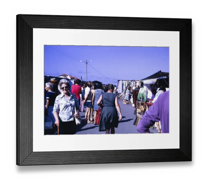 Framed Print : Holiday resort Puerto de la Cruz, Tenerife, Canary Islands, Spain, 1974 People at the street market, Europe Framed Print : Holiday resort Puerto de la Cruz, Tenerife, Canary Islands, Spain, 1974 People at the street market, Europe
