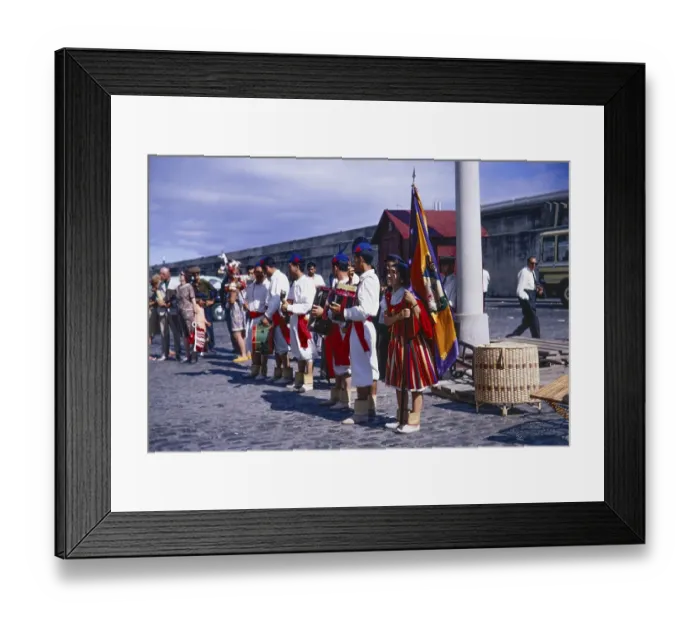 Framed Print : Folk musicians in traditional costume line up to greet cruise ship visitors, 1969, Funchal, Medeira