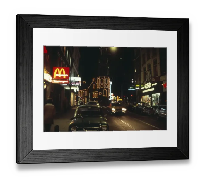 Framed Print : Neon lights in the city centre of Amsterdam at night, Netherlands 1970s 1980s, Macdonalds fast food restaurant