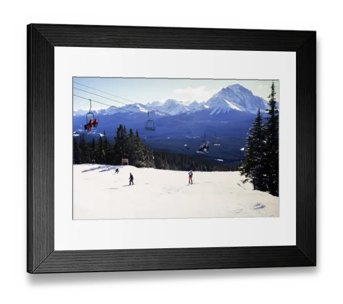 Framed Print : Skiing at Lake Louise Ski Resort, Banff National Park, Alberta, Rocky Mountains, Canada in 1981 with a view of Mount Temple