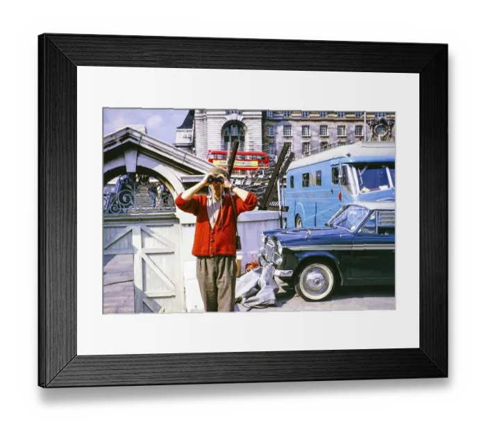 Framed Print : ATV outside broadcast, Telstar TV satellite launch, Westminster Bridge, London, England, United Kingdom, July 1962 Rigger Phil Comber with binoculars. Photo by Alan Taffy Harries, Europe
